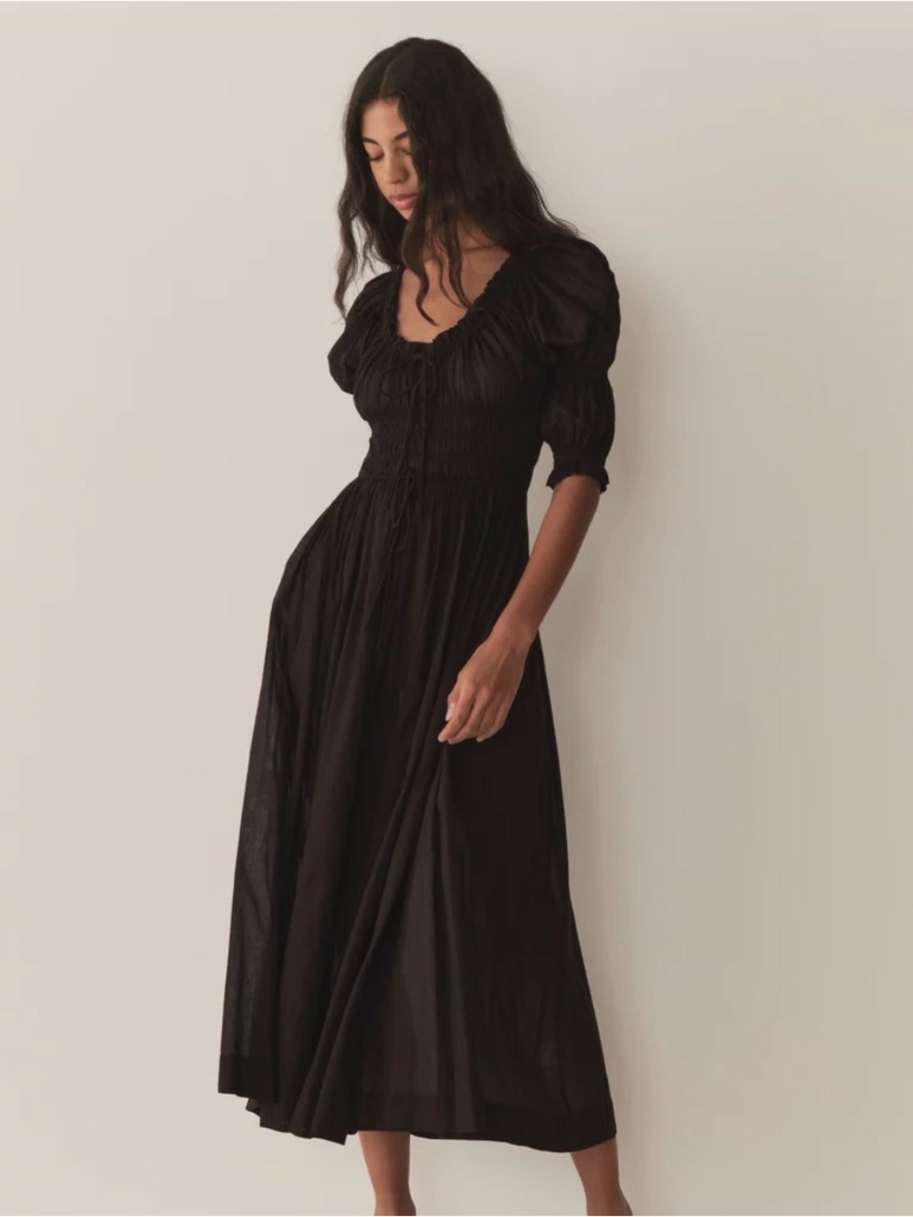 Doen Ischia Black Puff-Sleeve Smocked Maxi Dress - Size L